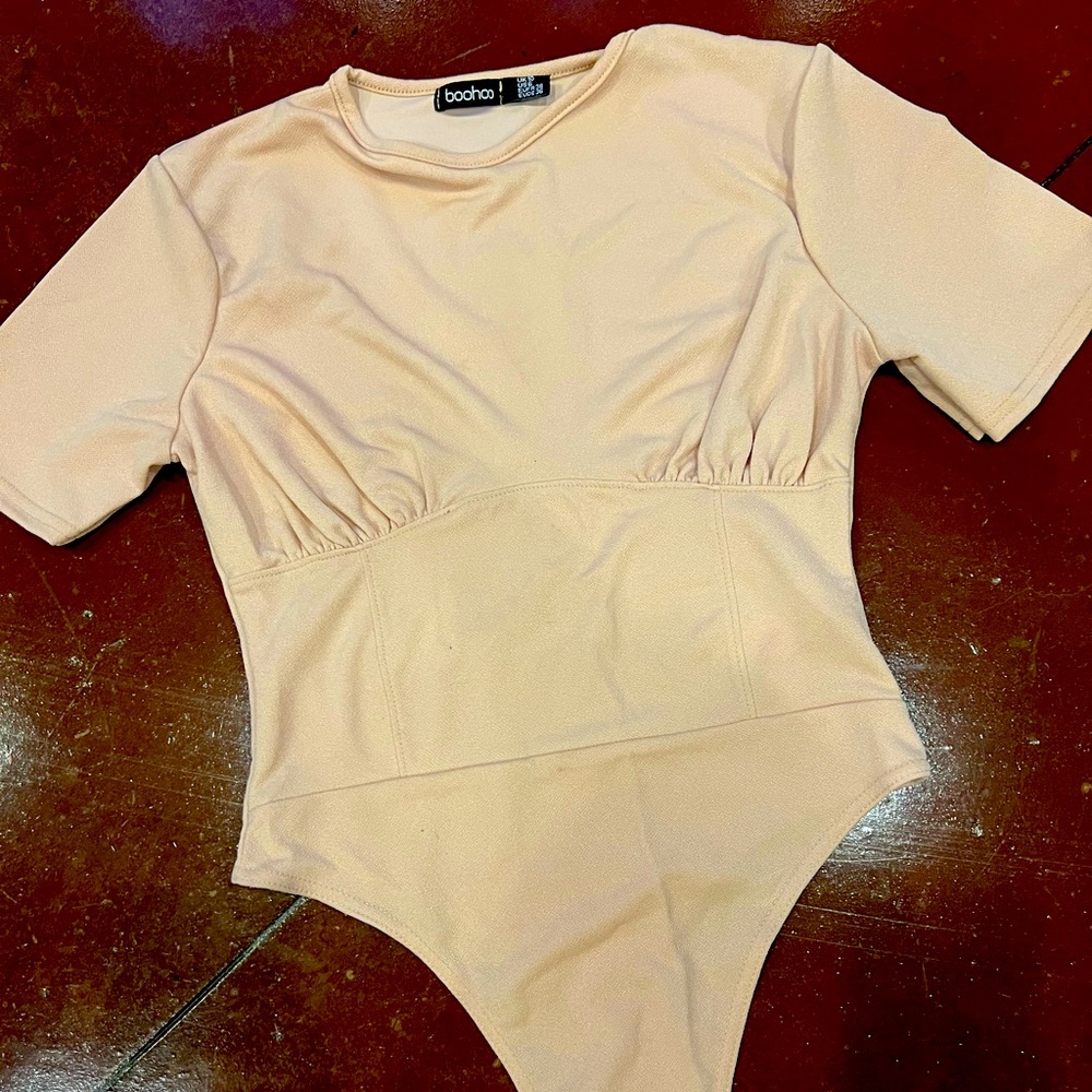 Cream Boohoo cap sleeve thong bodysuit